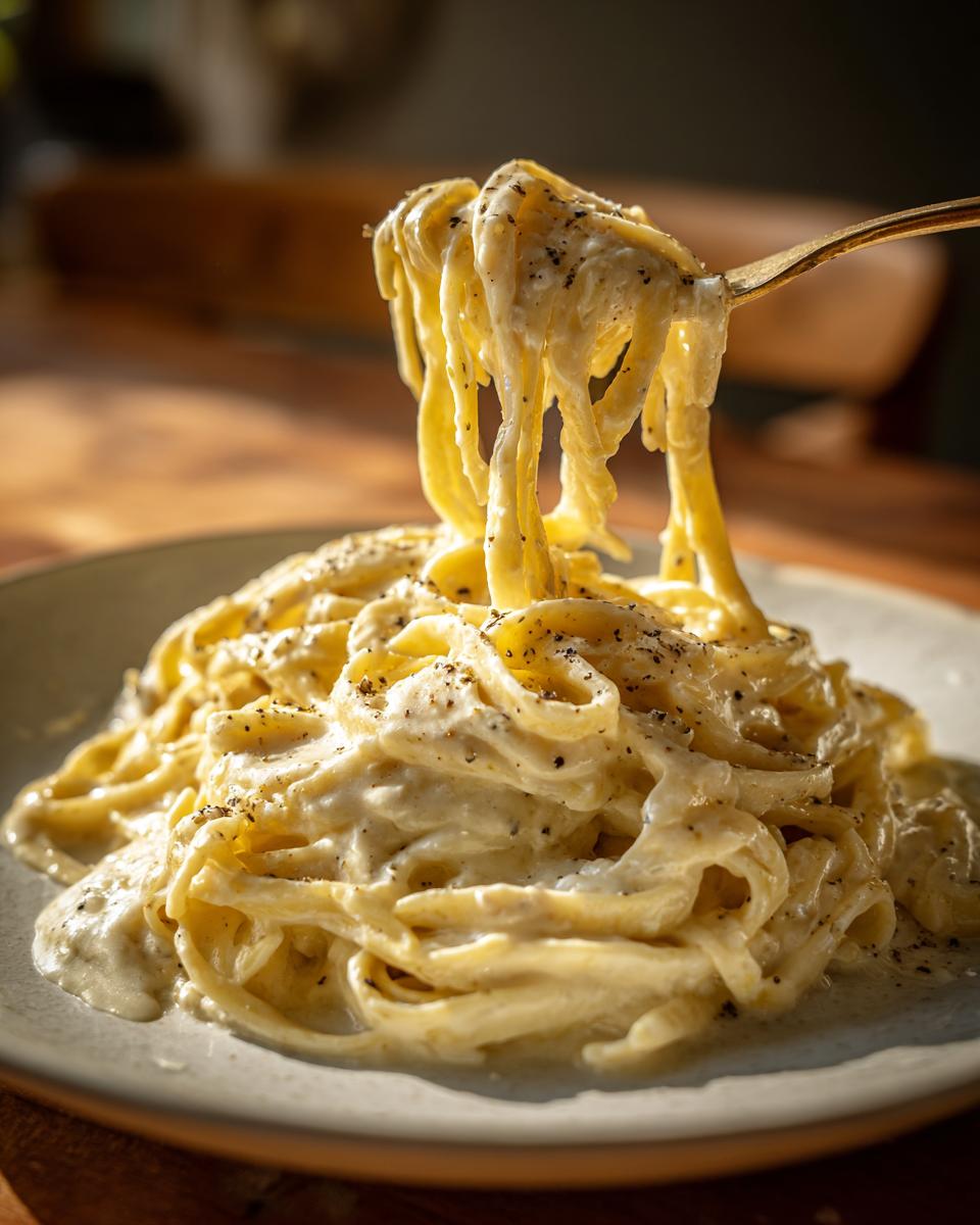 Plato de pasta cremosa con salsa blanca y pimienta negra molida