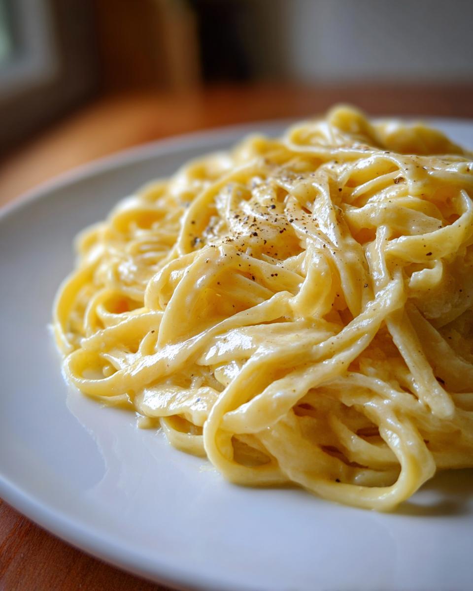 Plato de pasta cremosa con salsa blanca y pimienta negra molida encima