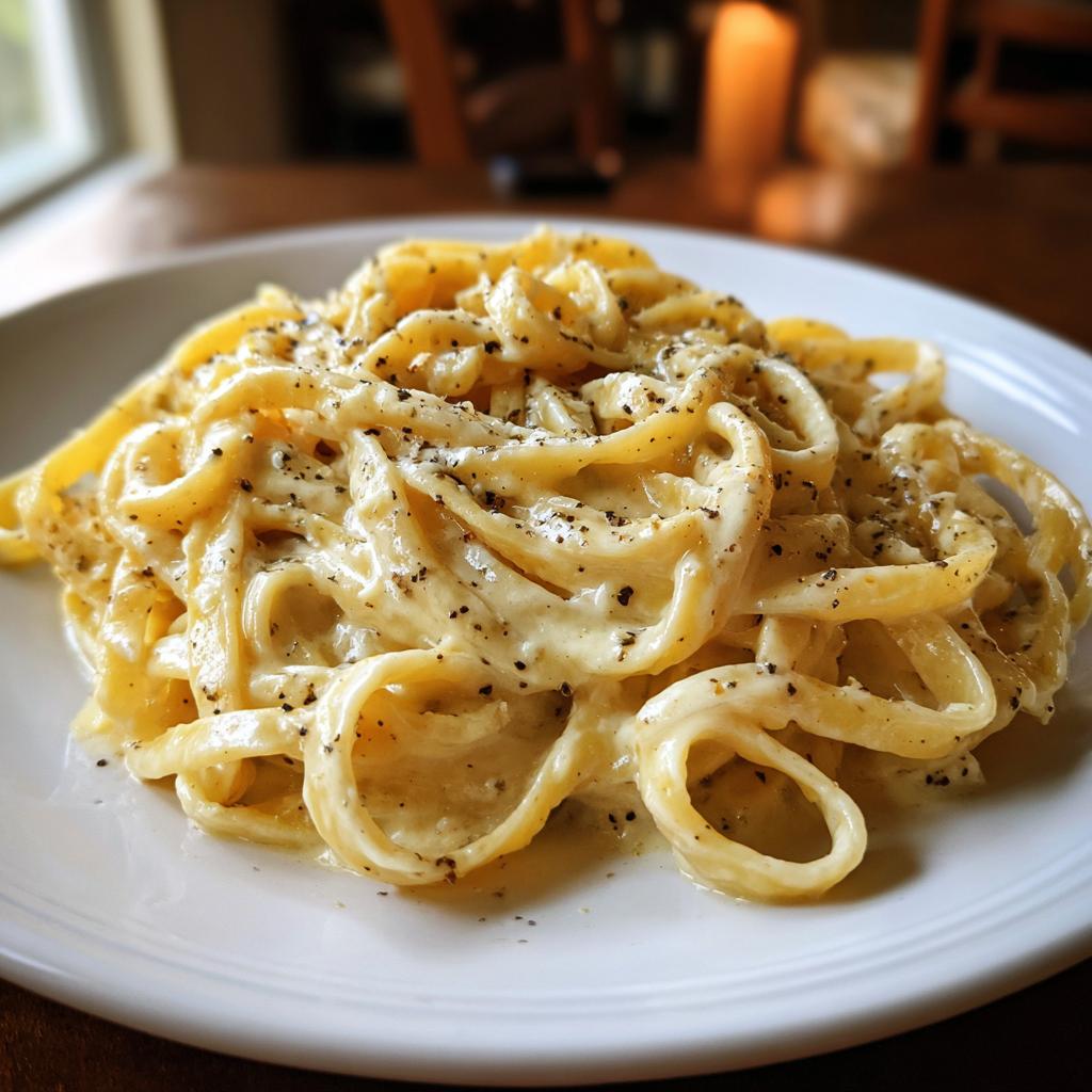 Plato de pasta cremosa con salsa blanca y pimienta negra molida encima