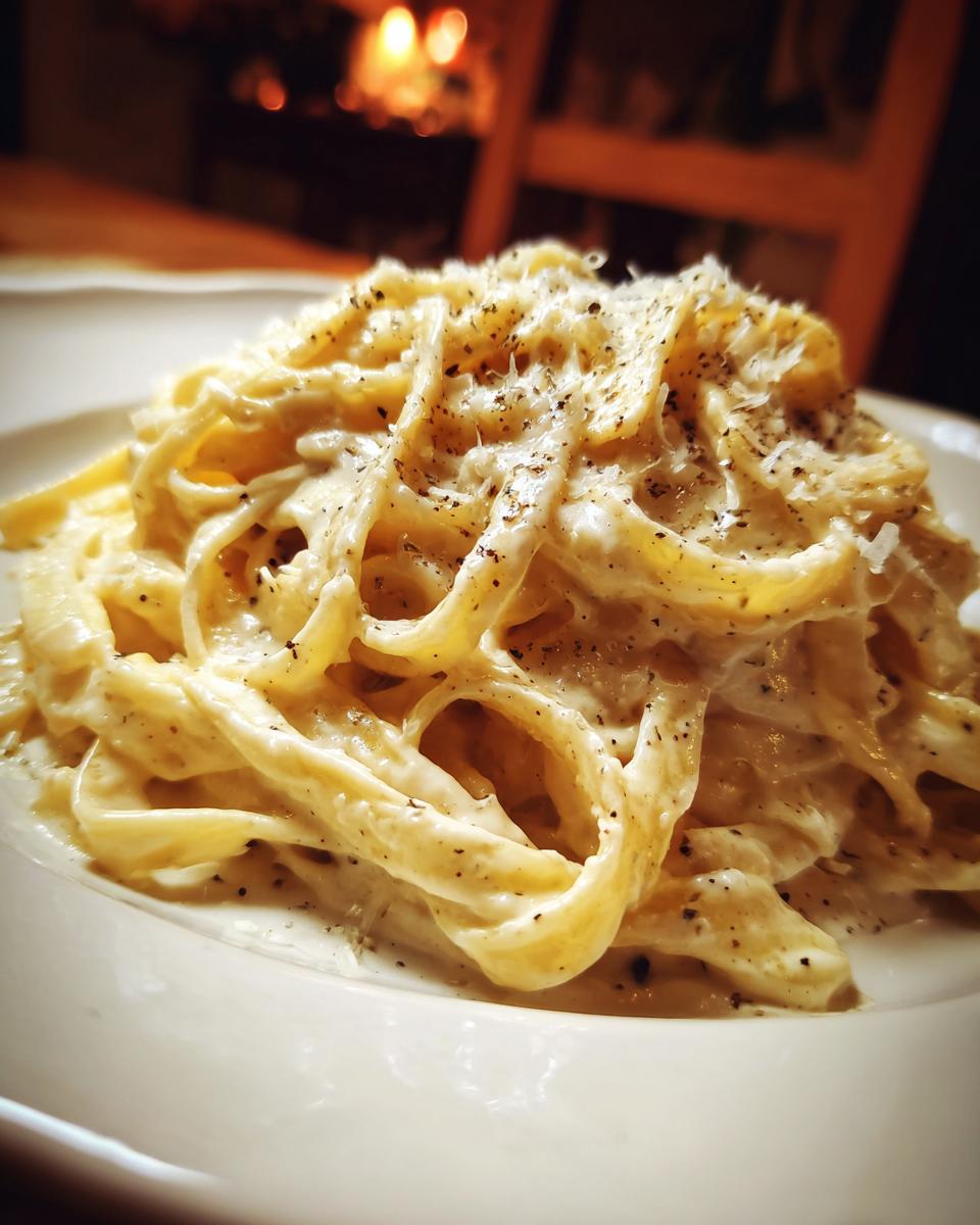Plato de pasta cremosa con salsa blanca y pimienta negra molida encima