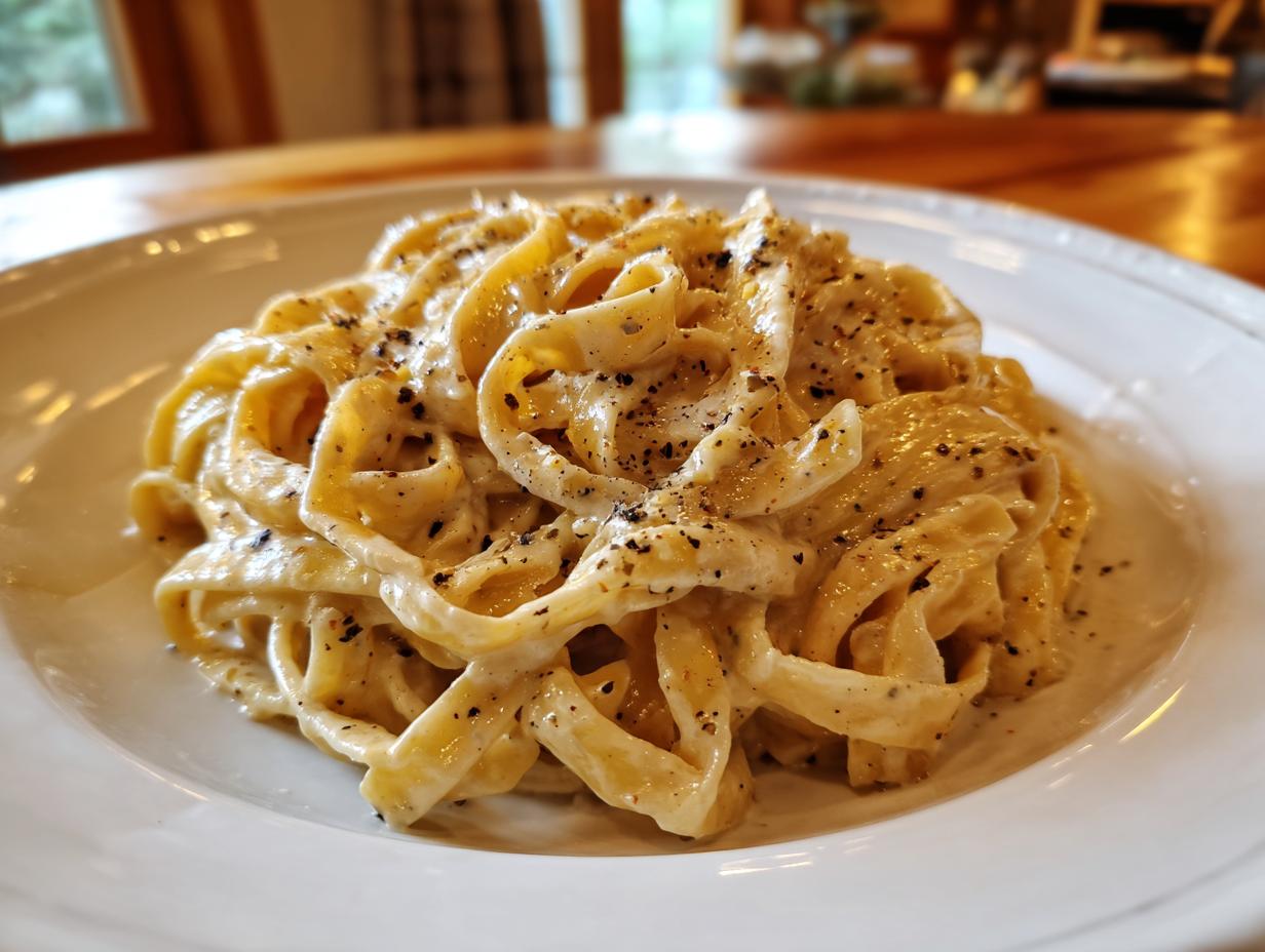 Plato de pasta cremosa con salsa blanca y pimienta negra molida encima