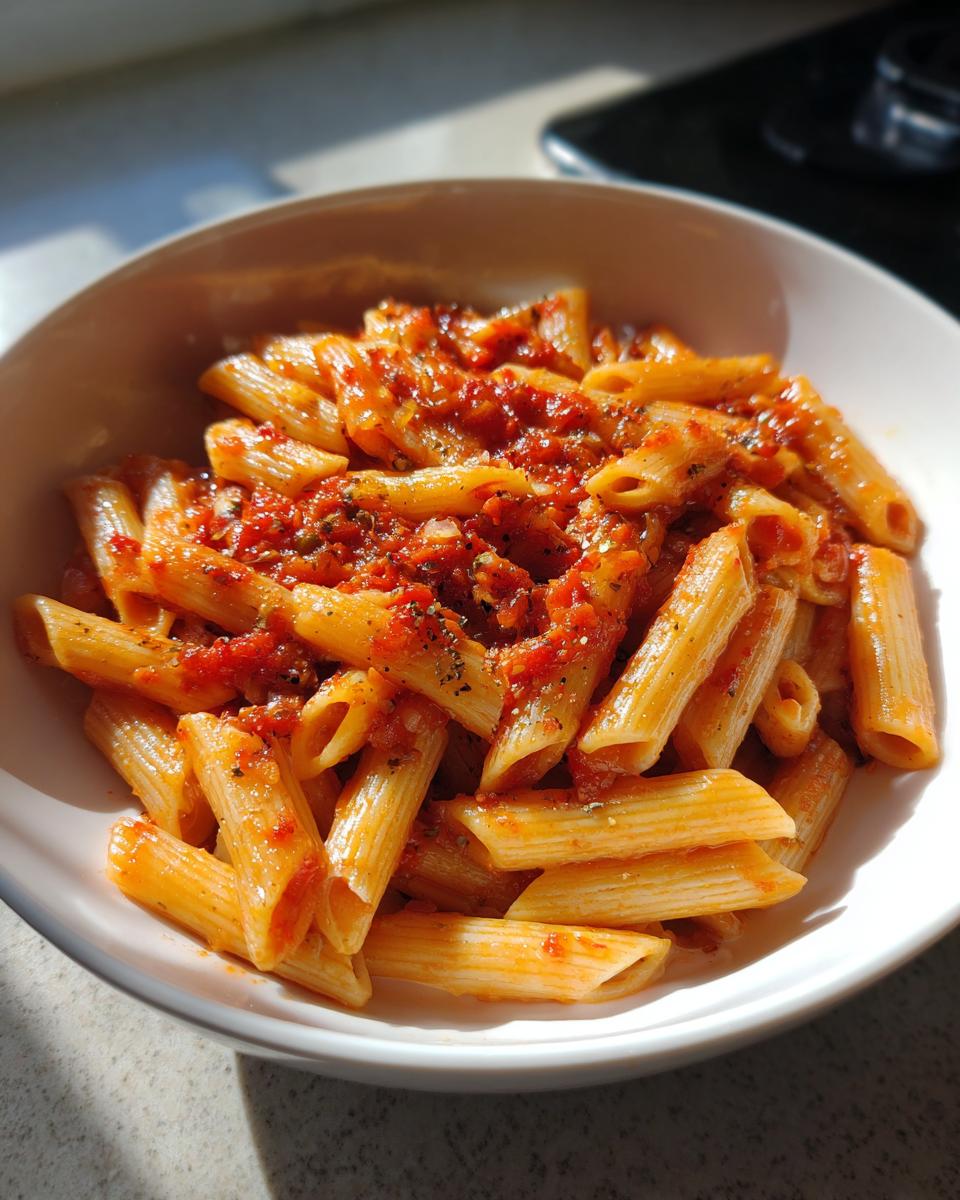 Plato de pasta one pot para perezosos con salsa de tomate y especias en un bol blanco.
