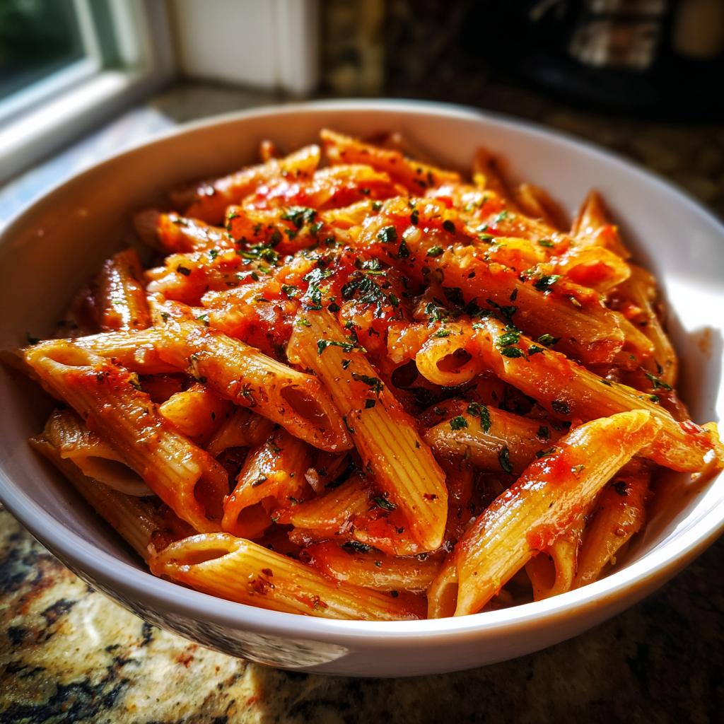 Plato de pasta one pot para perezosos con salsa de tomate y hierbas frescas