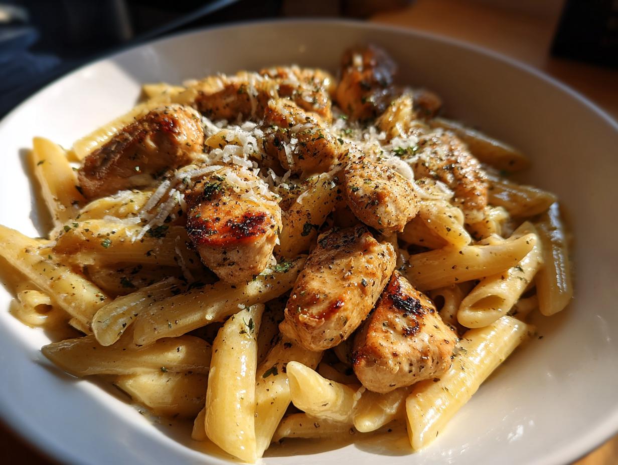 Plato de pasta con pollo a la parrilla y salsa cremosa espolvoreada con queso y hierbas
