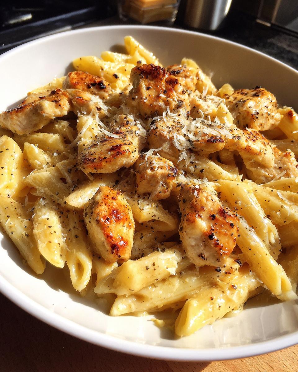 Plato de pasta con pollo dorado y queso rallado, receta de pasta con pollo