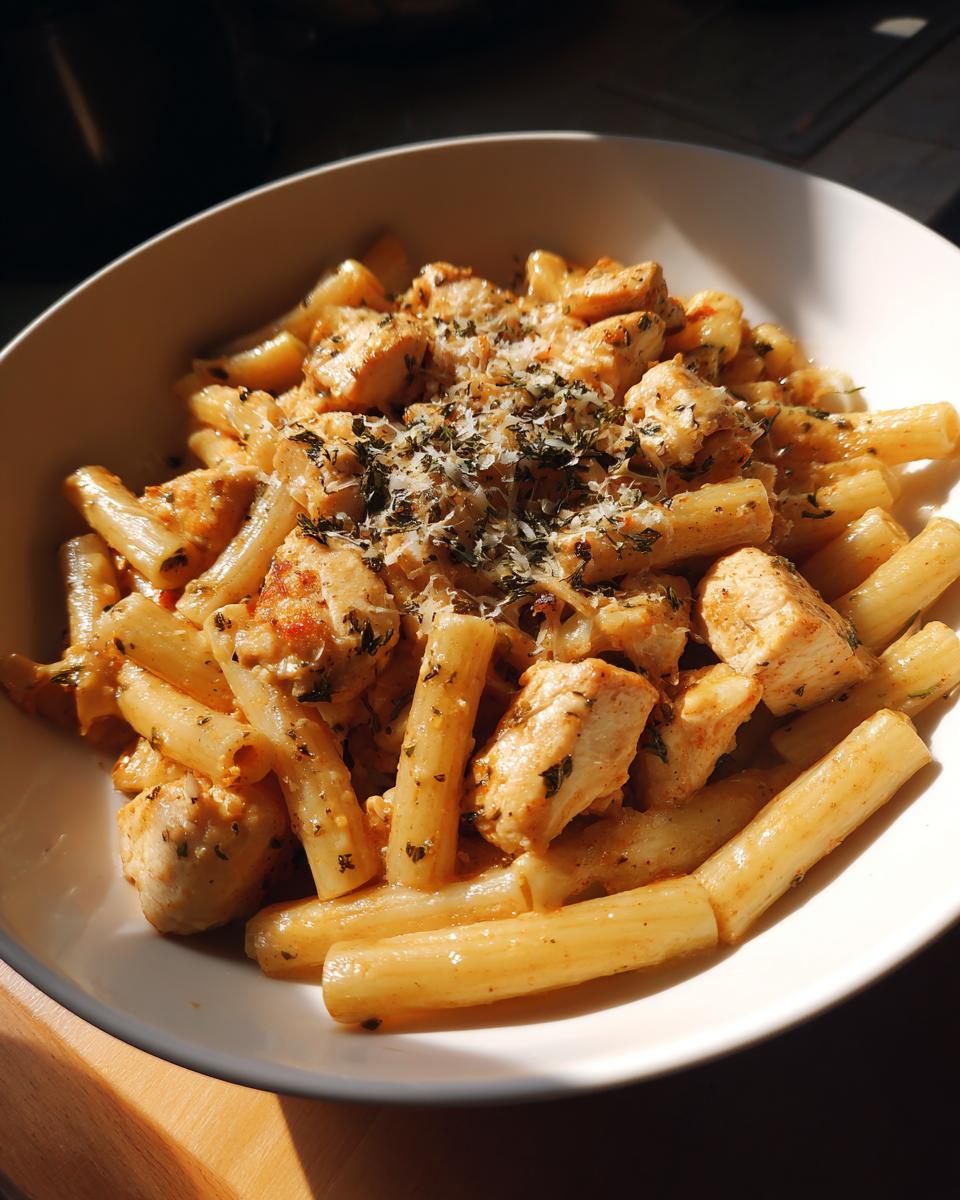 Plato de pasta con pollo sazonado y hierbas, listo para servir.