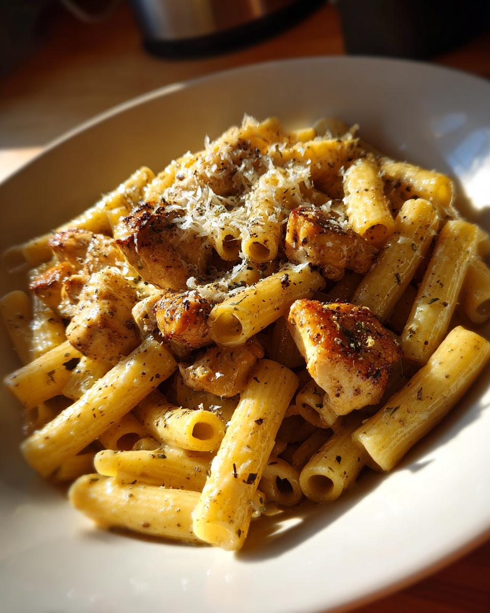 Plato de pasta con pollo dorado y queso rallado, receta de pasta con pollo