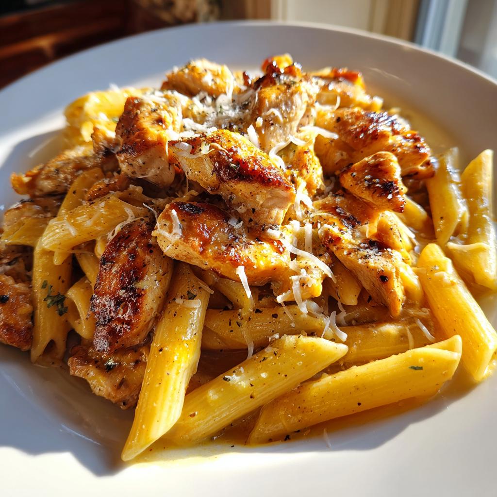 Plato de recetas de pasta con pollo con penne, pollo dorado y queso rallado