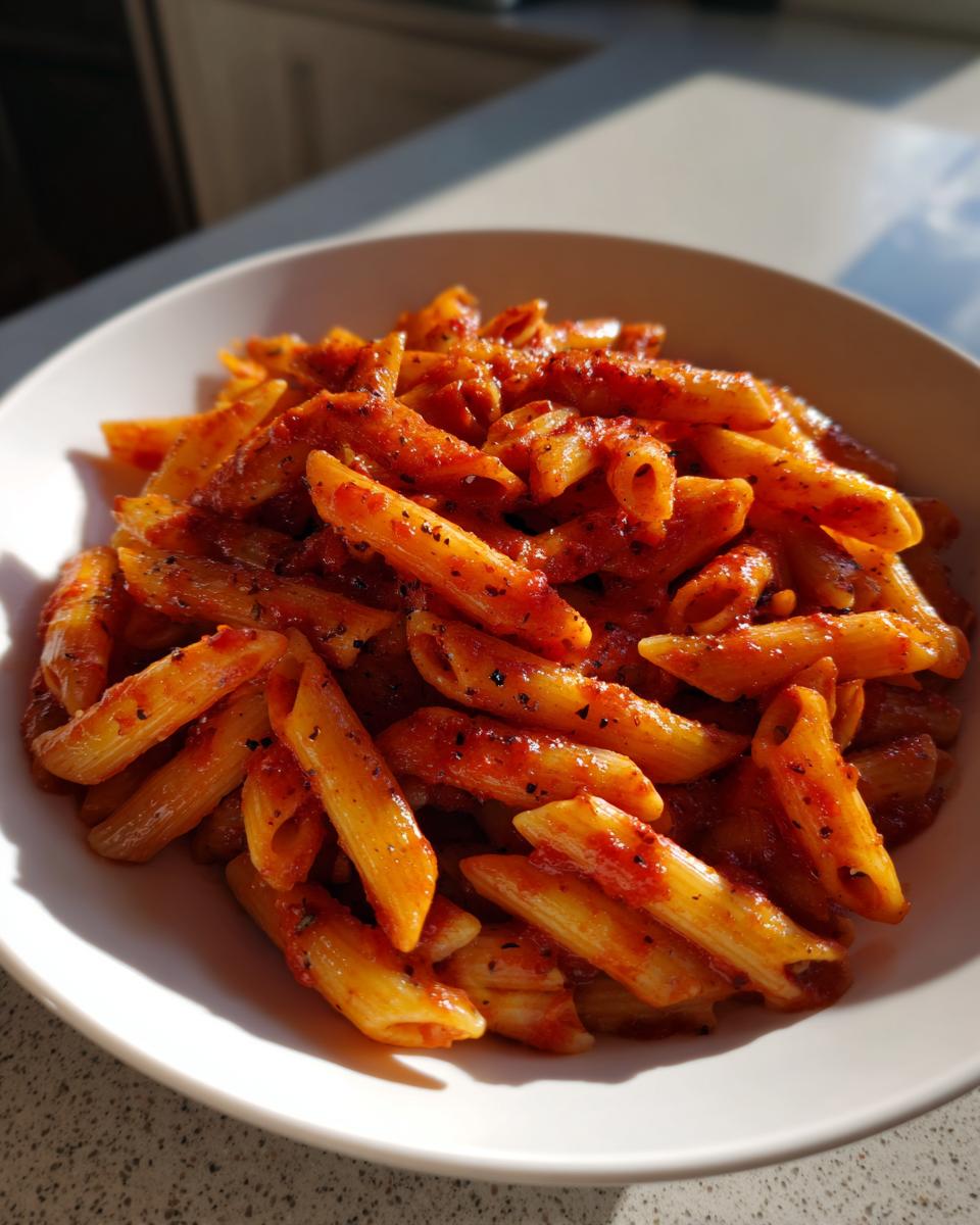 Plato blanco con pasta penne cubierta de salsa roja y especias, ideal para recetas one pot para perezosos.