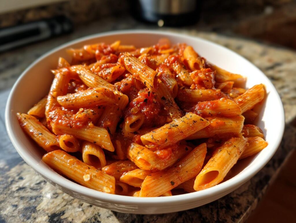 Plato blanco con pasta penne bañada en salsa de tomate y especias, recetas one pot para perezosos