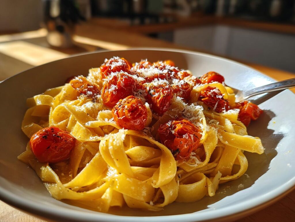 Plato de pasta con tomates cherry asados y queso rallado en un bol blanco