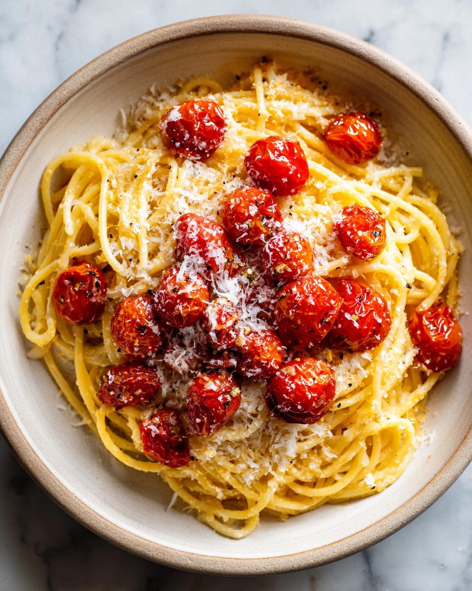 Plato de pasta con tomates cherry asados y queso rallado encima, receta viral de TikTok 2026