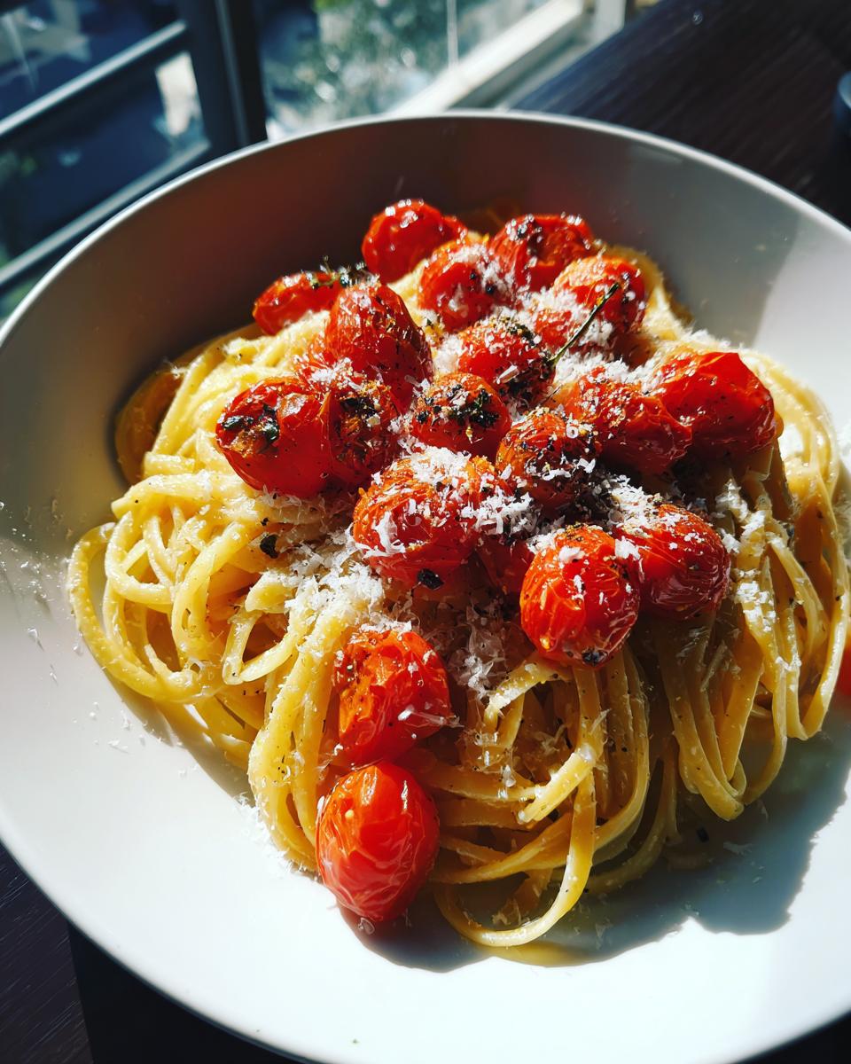 Plato de pasta con tomates cherry asados y queso rallado encima, receta viral de TikTok 2026