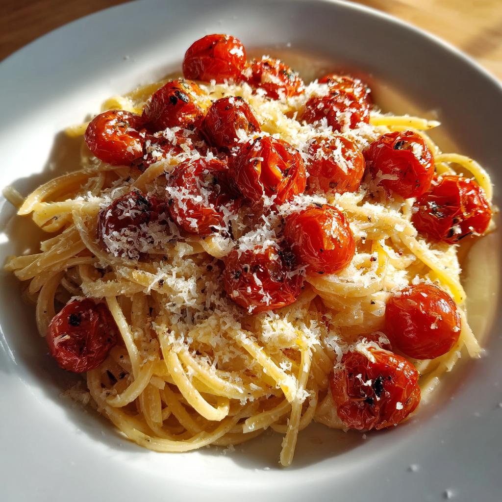 Plato de pasta con tomates cherry asados y queso rallado encima, receta viral de TikTok 2026