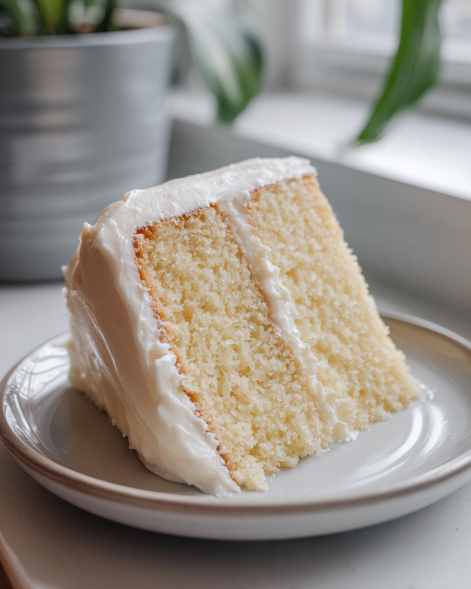 Rebanada de pastel de vainilla con glaseado blanco en un plato, ideal para recetas para fiestas y cumpleaños