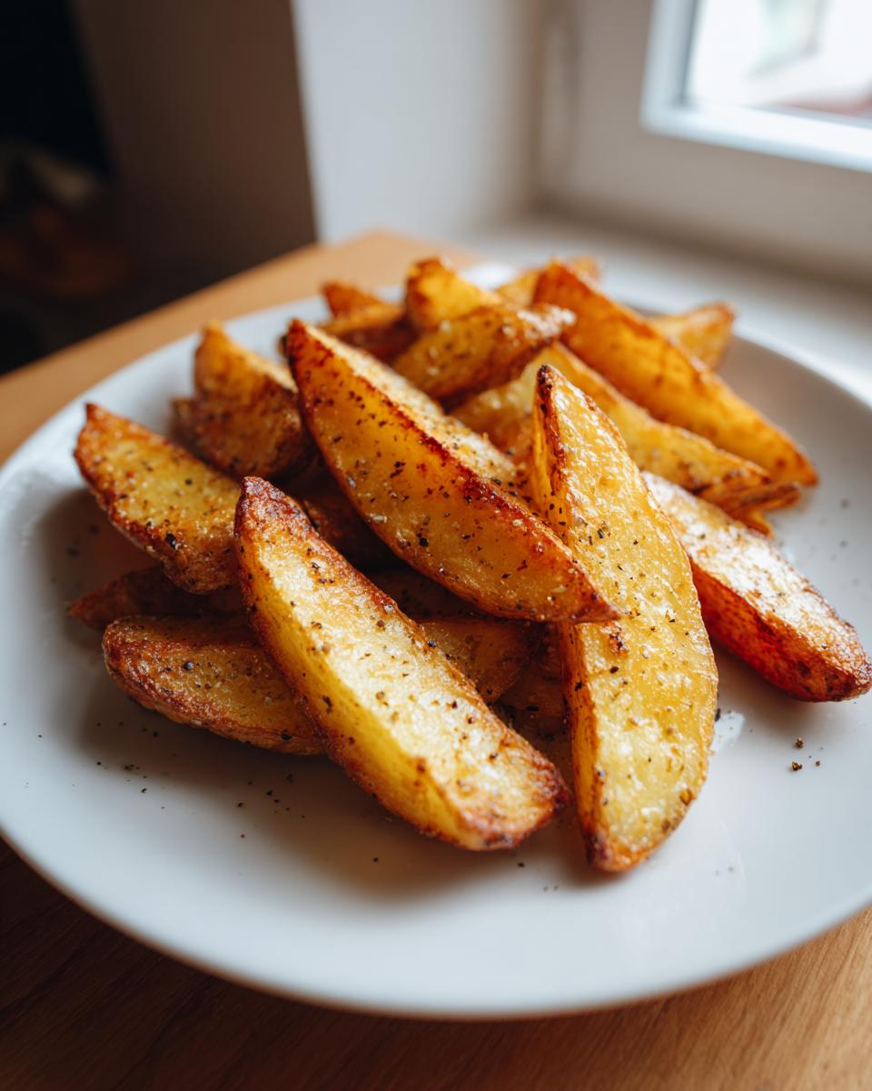 Patatas en freidora de aire crujientes doradas y sazonadas servidas en un plato blanco.