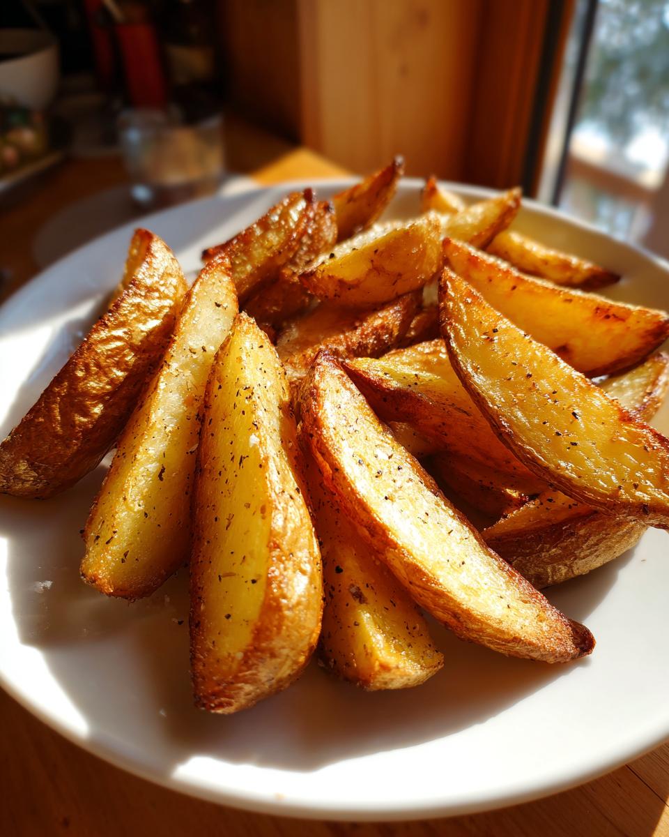 Patatas en freidora de aire crujientes doradas y sazonadas servidas en un plato blanco.