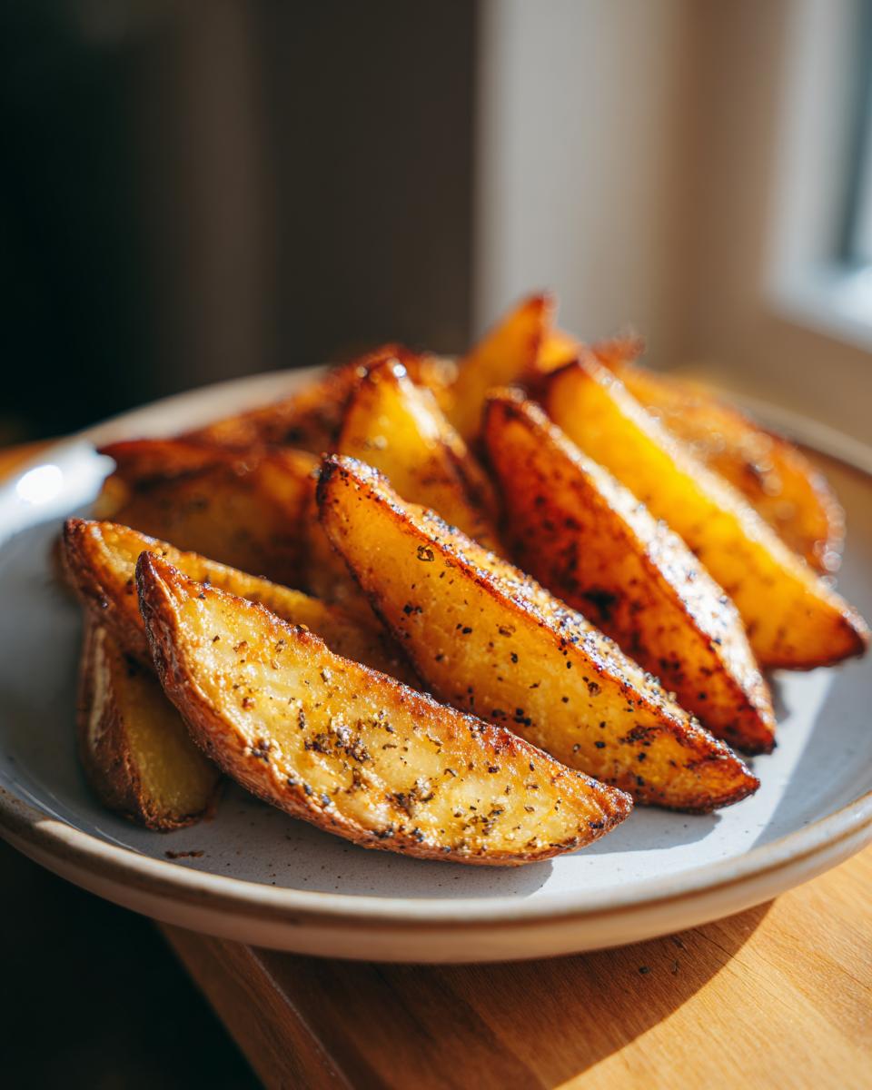 Patatas en freidora de aire crujientes doradas y especiadas servidas en un plato blanco.