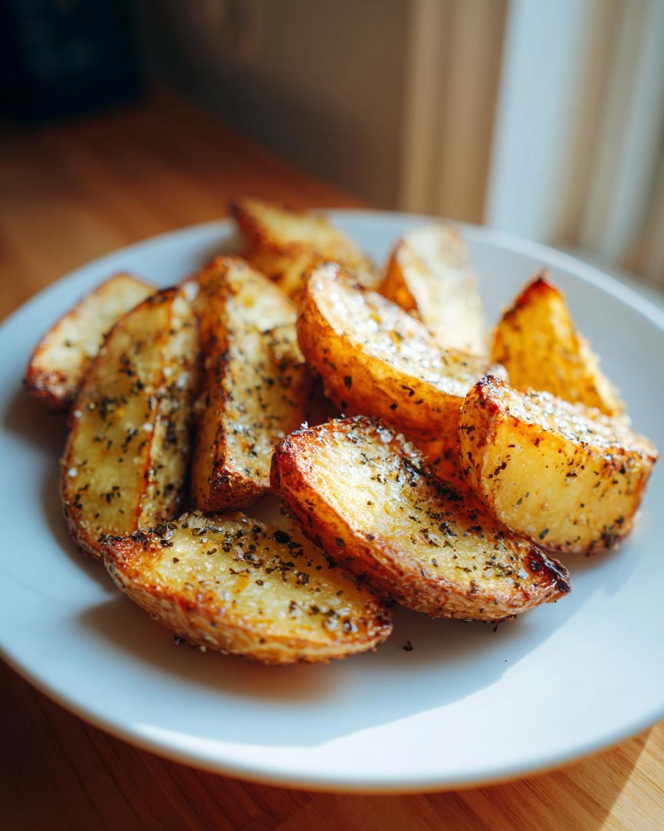 Patatas en freidora de aire crujientes con especias servidas en un plato blanco.