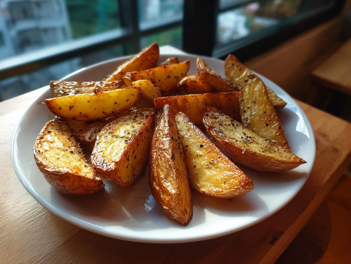 Patatas en freidora de aire crujientes doradas y sazonadas servidas en un plato blanco