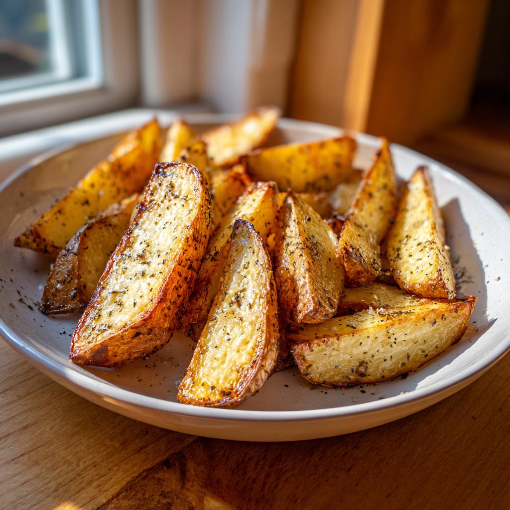 Plato con patatas en freidora de aire crujientes y sazonadas con especias