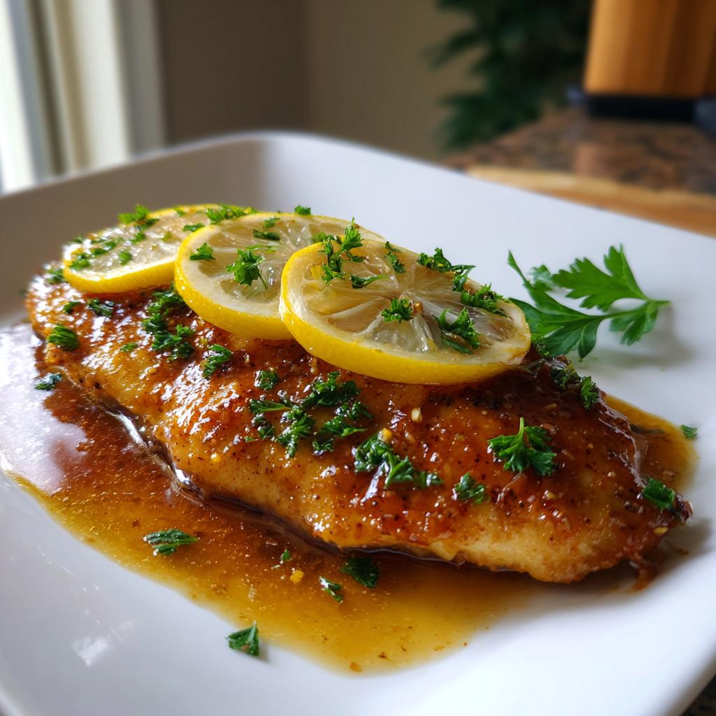 Pechuga de pollo con limón y salsa, decorada con perejil fresco en plato blanco