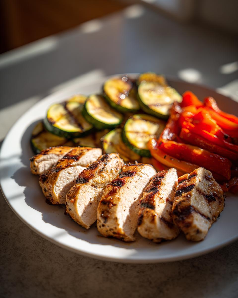 Pechuga de pollo a la parrilla en rodajas con calabacín y pimientos asados en un plato blanco