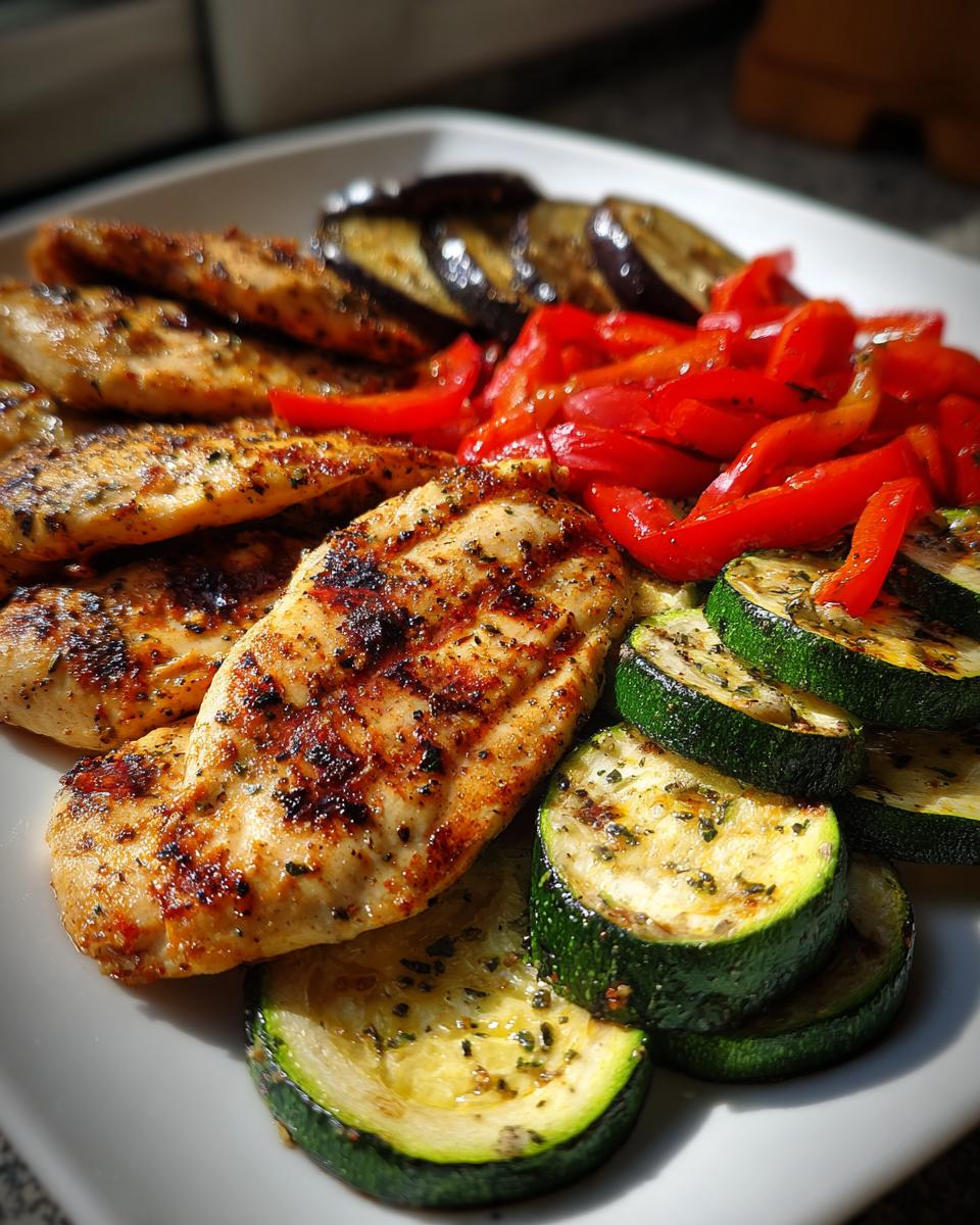 Pechuga de pollo a la parrilla acompañada de calabacín, pimientos y berenjena asados.