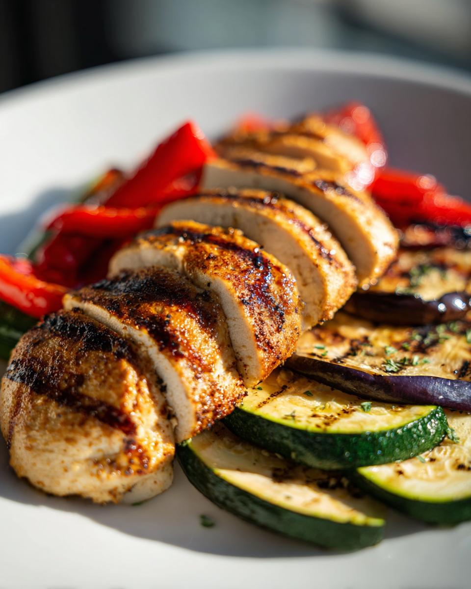 Pechuga de pollo a la parrilla cortada en rebanadas con calabacín y pimientos asados, receta con pechuga de pollo saludables