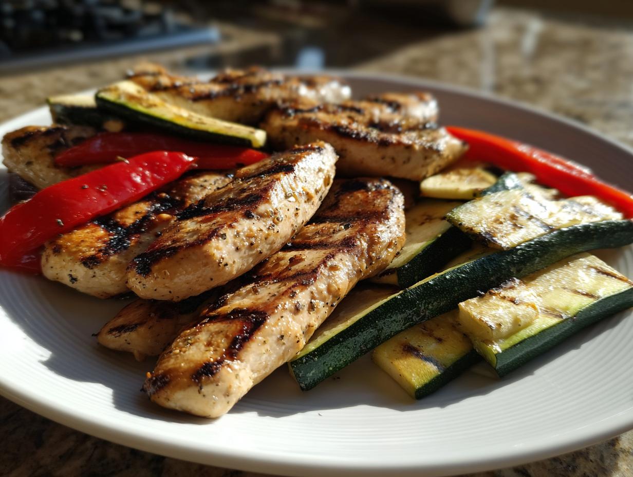 Pechuga de pollo a la parrilla con calabacín y pimiento rojo en un plato blanco.