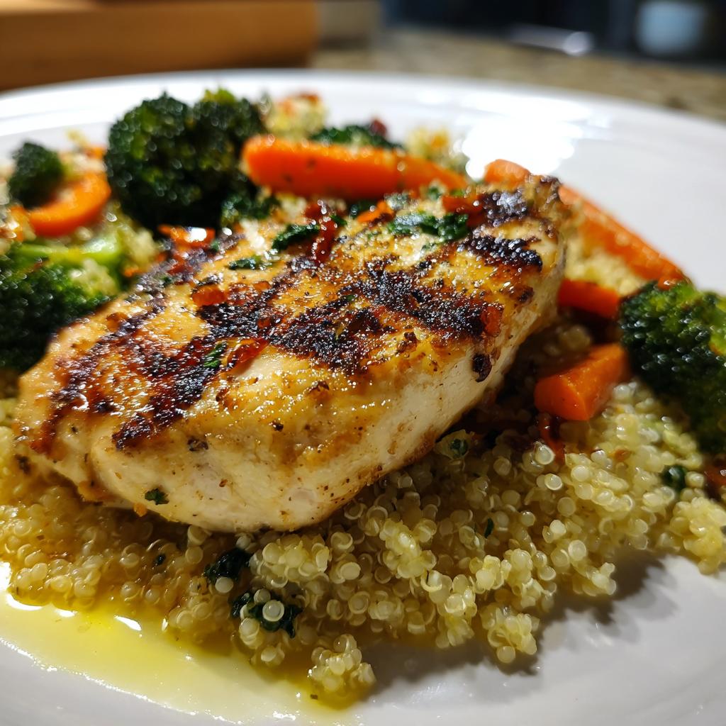 Pechuga de pollo a la parrilla sobre quinoa con brócoli y zanahorias, receta alta en proteinas