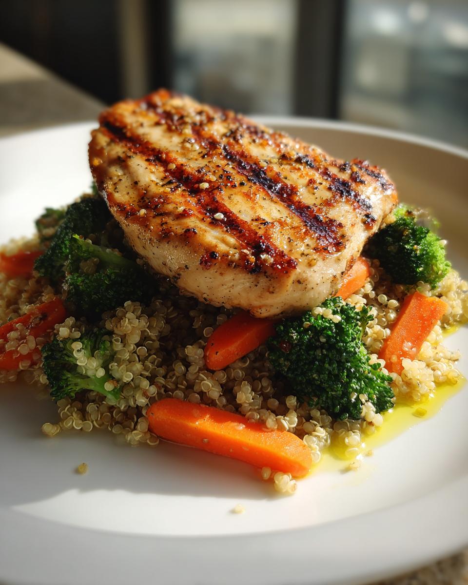 Pechuga de pollo a la parrilla sobre quinoa con brócoli y zanahorias, receta alta en proteinas