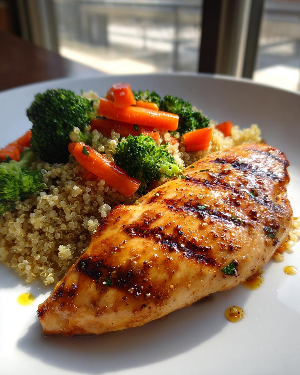 Pechuga de pollo a la parrilla con quinoa, brócoli y zanahorias, receta altas en proteinas