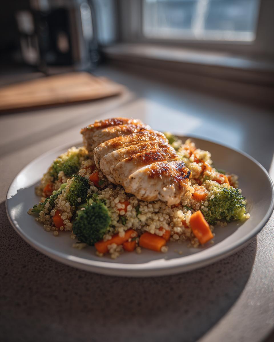 Pechuga de pollo a la plancha sobre quinoa con brócoli y zanahorias, receta altas en proteinas