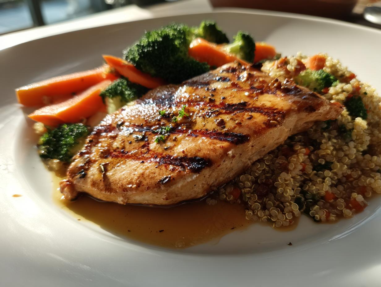 Pechuga de pollo a la parrilla con quinoa y verduras, plato saludable y recetas altas en proteinas