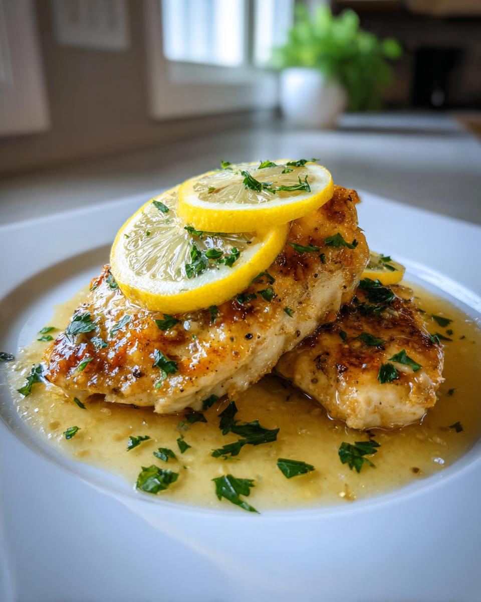 Pechuga de pollo con salsa de limón y hierbas frescas en plato blanco