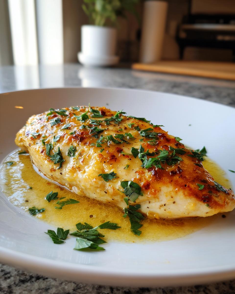 Pechuga de pollo cocinada con salsa dorada y perejil fresco sobre plato blanco