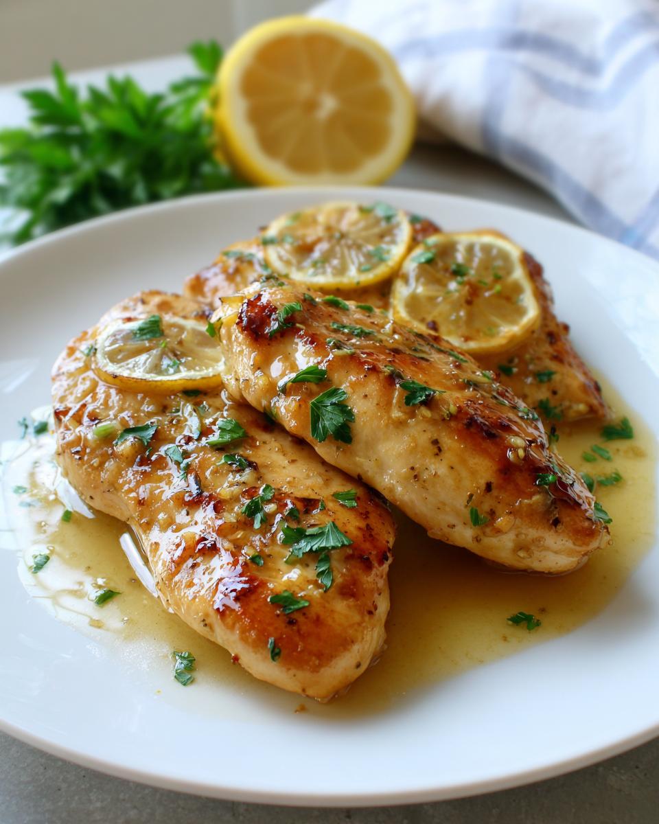 Pechugas de pollo cocinadas con rodajas de limón y decoradas con perejil fresco en un plato blanco