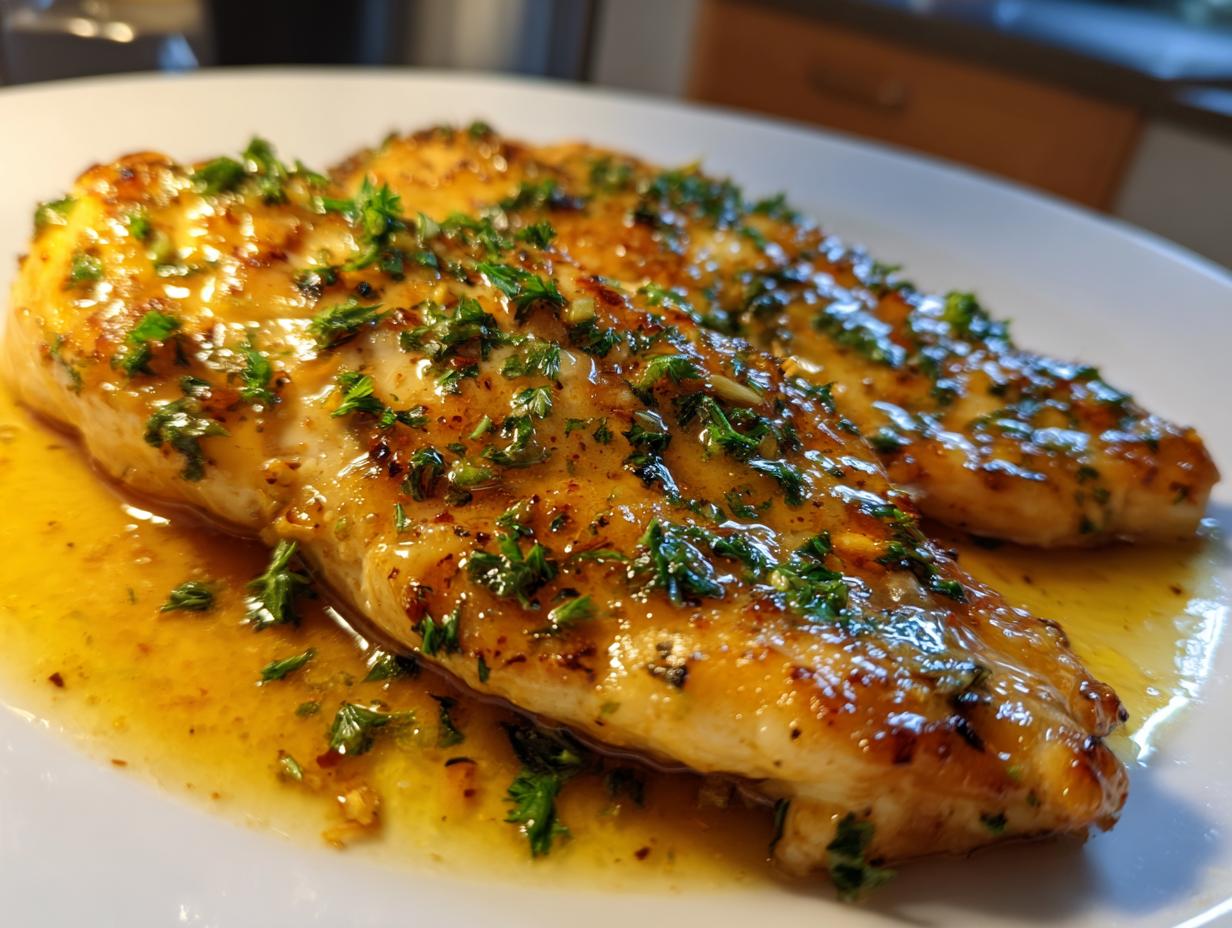 Pechugas de pollo jugosas con salsa y hierbas frescas en un plato blanco, receta de pollo faciles y rapidas