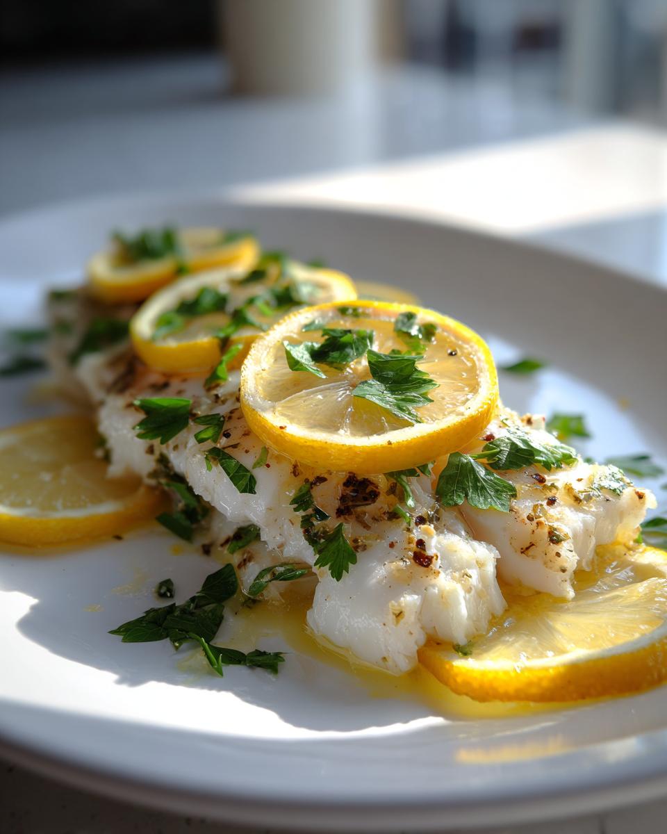 Pescado al horno fácil para Pascua decorado con rodajas de limón y perejil fresco en plato blanco