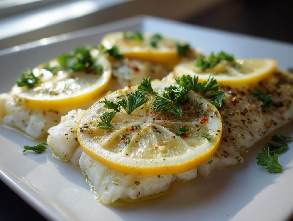 Filetes de pescado al horno fácil para Pascua con rodajas de limón y perejil fresco en plato blanco