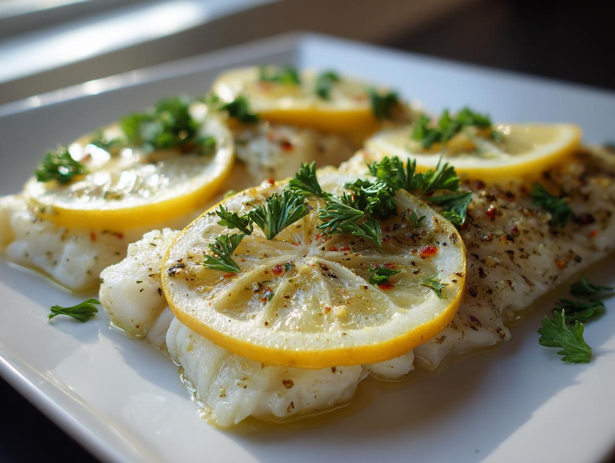 Filetes de pescado al horno fácil para Pascua con rodajas de limón y perejil fresco en plato blanco