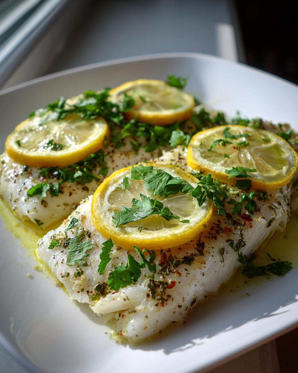 Filetes de pescado al horno fácil para Pascua con rodajas de limón y perejil fresco en plato blanco