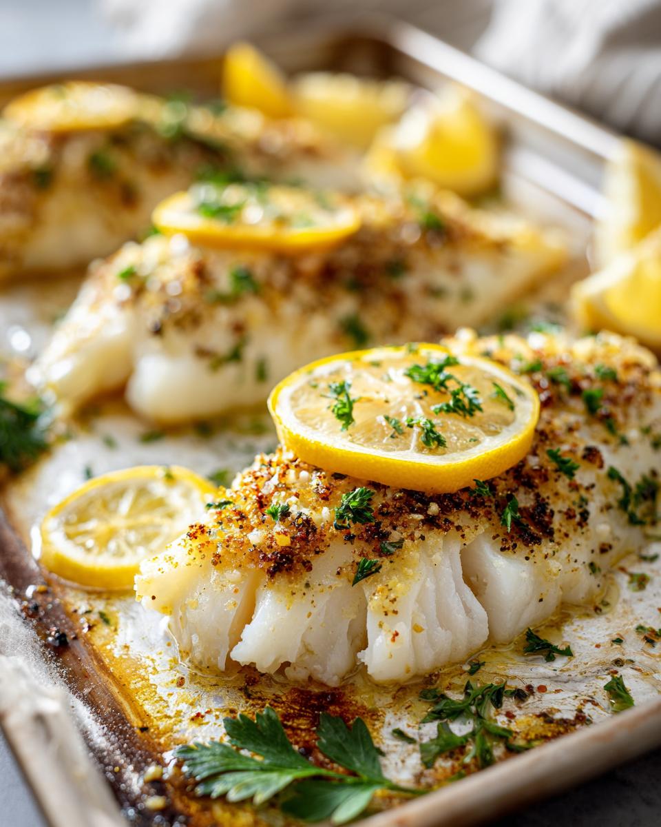 Filetes de pescado al horno con limón, especias y perejil fresco en bandeja de horno