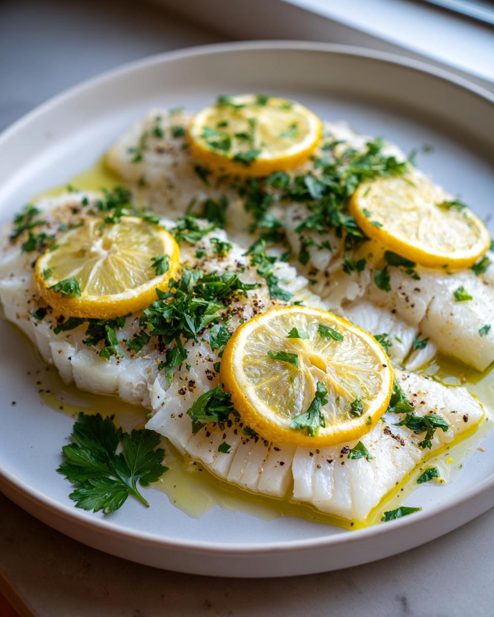 Filetes de pescado al horno fácil para Pascua con rodajas de limón y perejil fresco en plato blanco