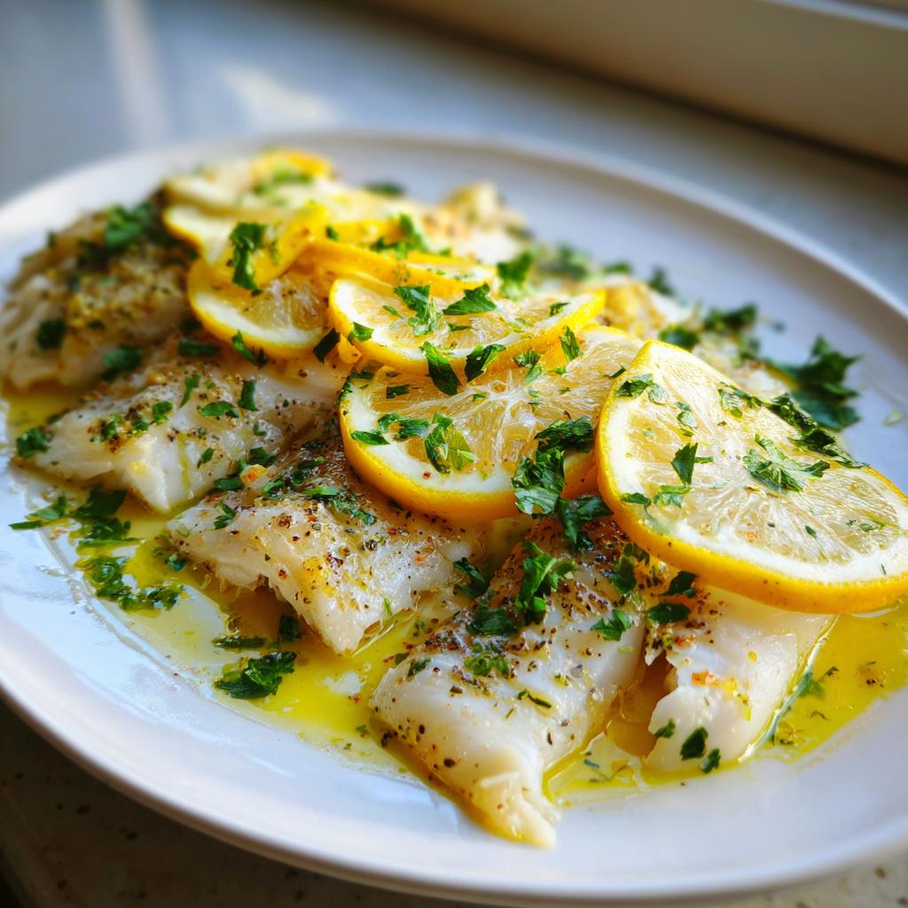 Pescado al horno fácil para Pascua con rodajas de limón y perejil fresco en plato blanco