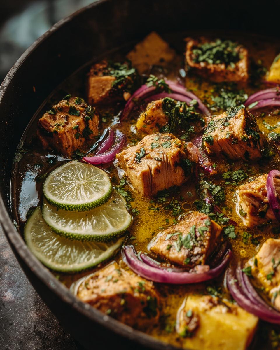 Trozos de pescado cocinados con rodajas de limón, cebolla morada y hierbas en sartén