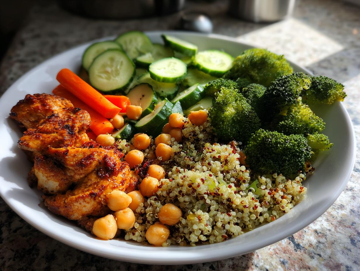 Plato con pollo a la parrilla, quinoa, garbanzos, brócoli, zanahorias y pepino, ideas de menú semanal saludable
