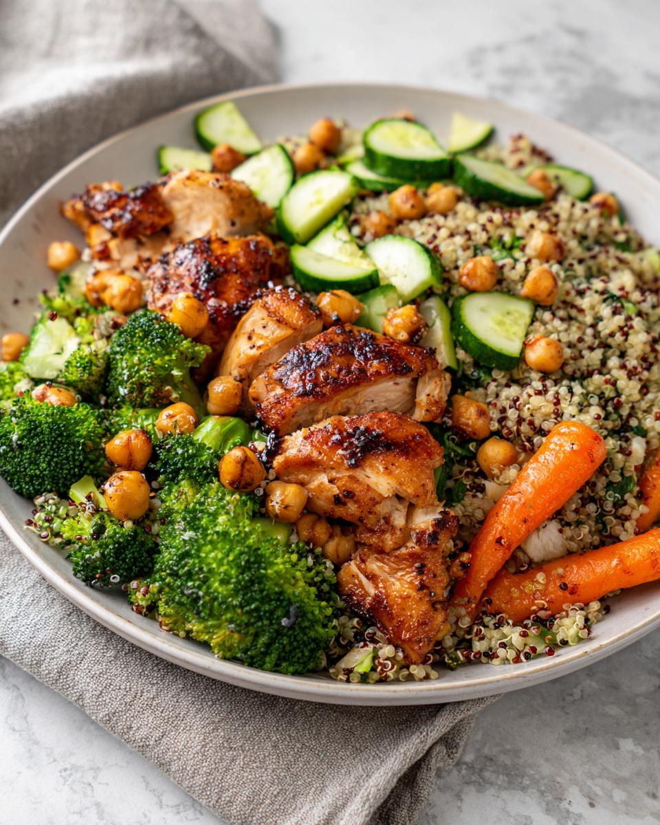 Plato con pollo a la parrilla, quinoa, brócoli, zanahorias, pepino y garbanzos, ideas de menú semanal saludable