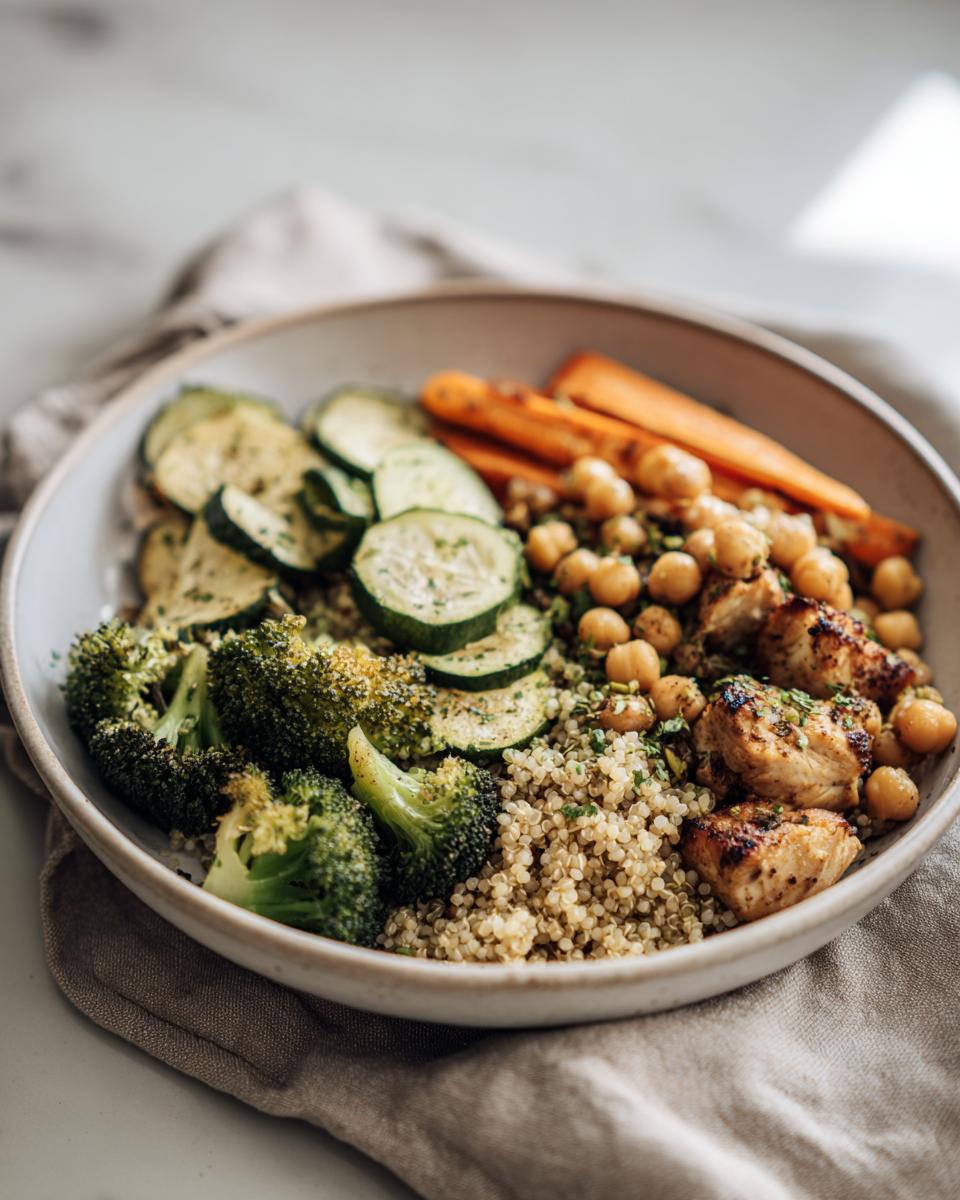 Plato con quinoa, brócoli, calabacín, zanahorias, garbanzos y pollo a la plancha saludable